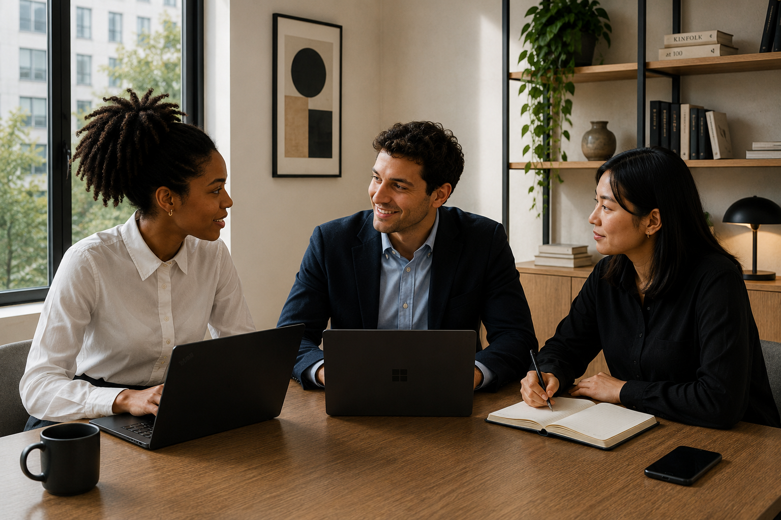Team collaborating around a laptop in a modern office