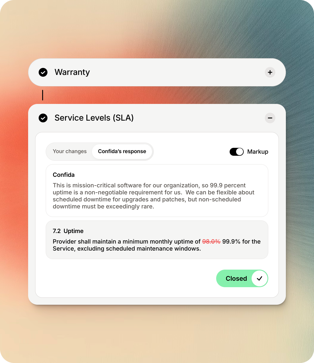 Confida AI markup UI showing warranty and SLA sections with tracked changes