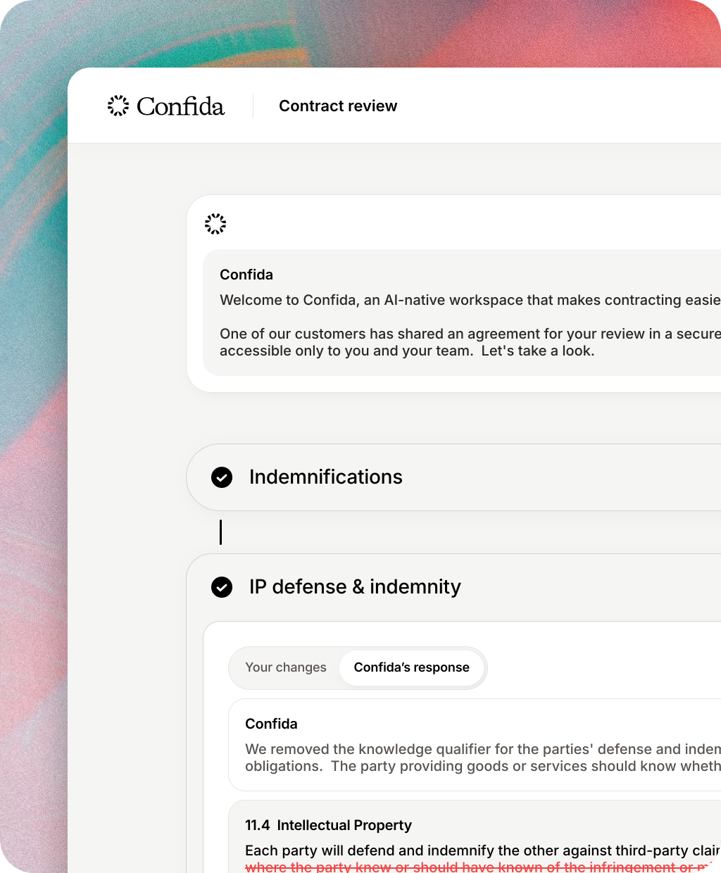 Confida contract review workspace with indemnifications and IP defense sections